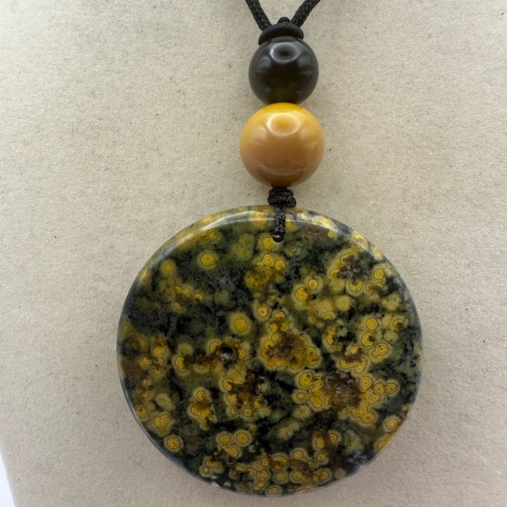 Large Round Ocean Jasper Pendant Necklace with Mookaite Jasper and Onyx on Rope - Picture 2 of 14